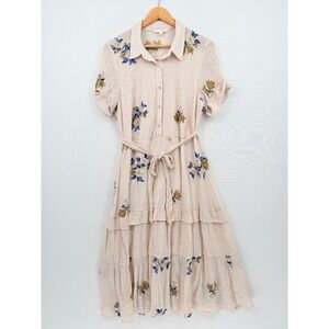 Fig + Flower Embroidered Gauze Midi Dress Womens XL Pink Floral Boho Cottagecore